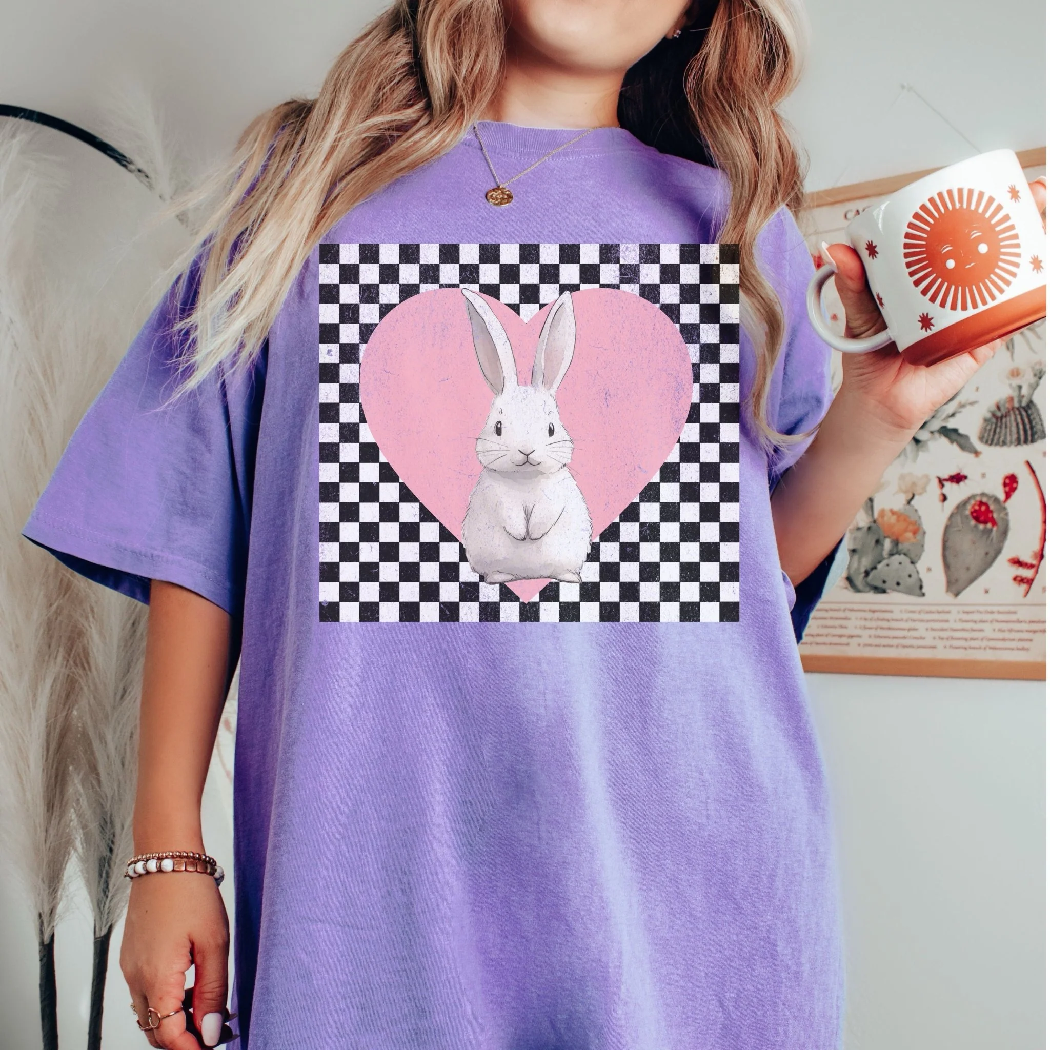 Retro Checkered Heart with Bunny Unisex Garment-dyed Heavyweight T-Shirt - Image 3