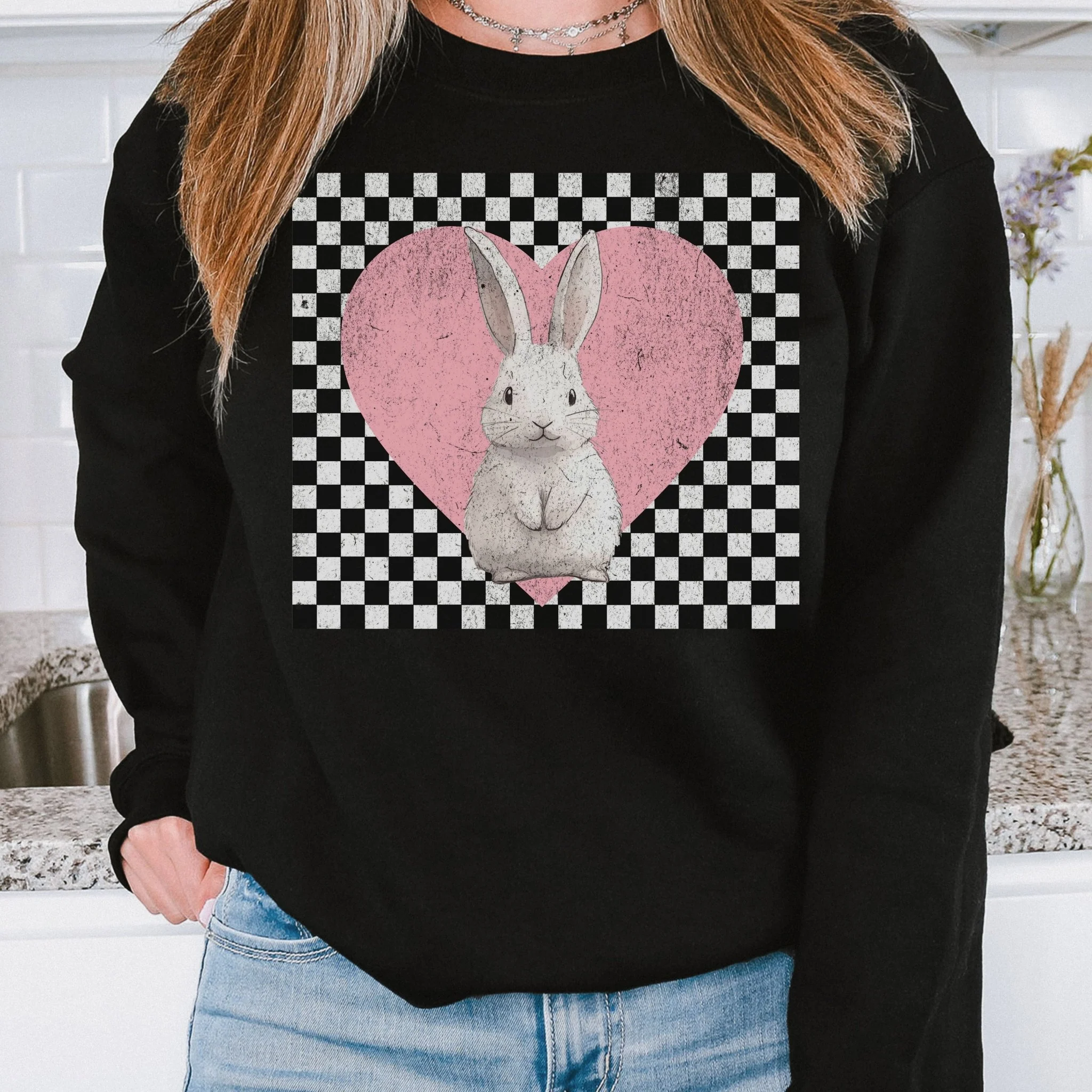 Retro Checkered Heart with Bunny Unisex Sweatshirt - Image 2