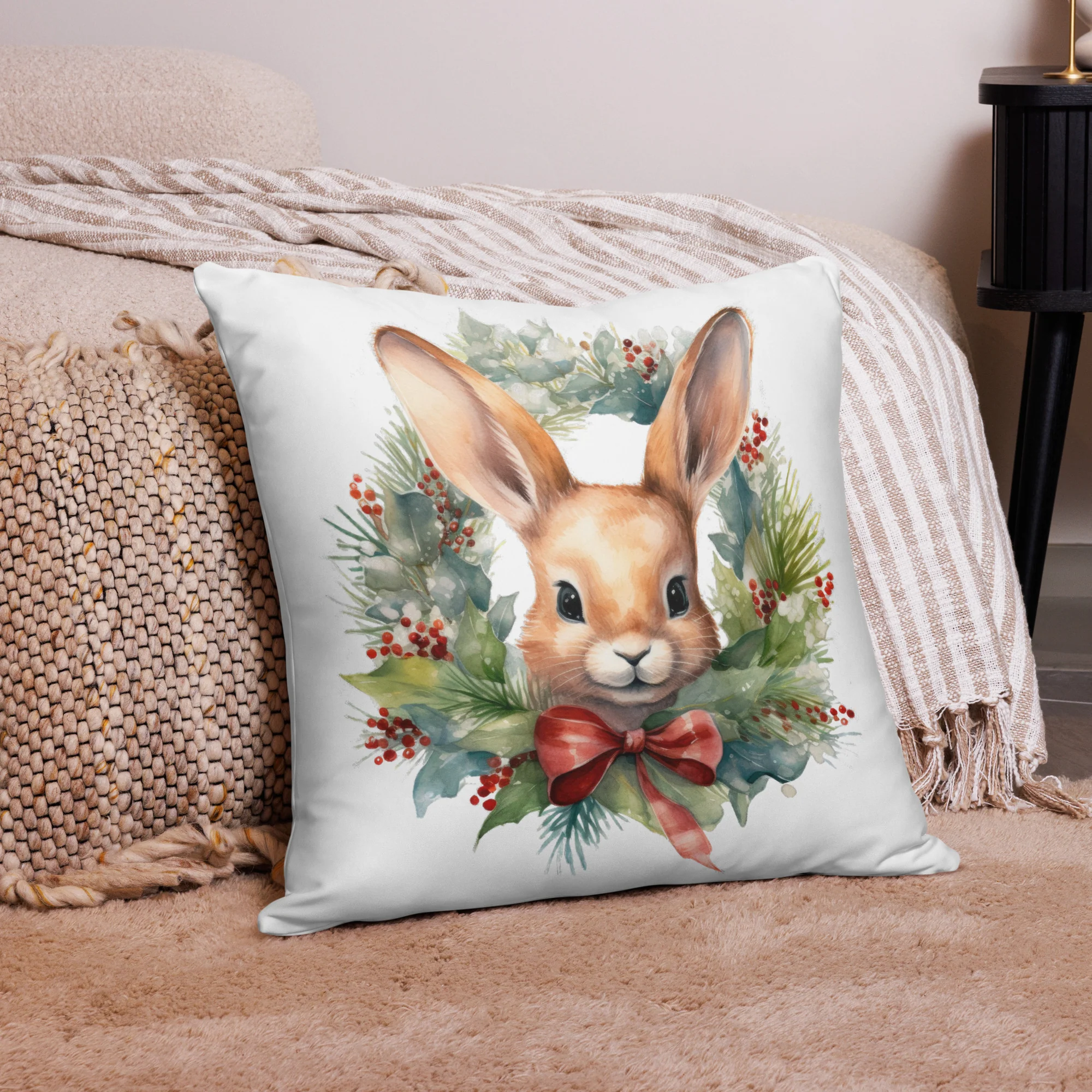 Wreath & Rabbit Christmas Pillow - Image 4